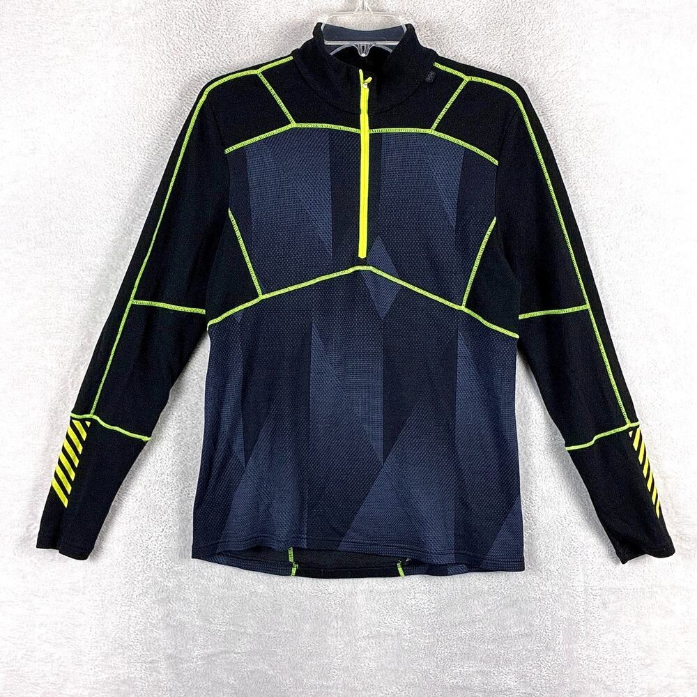 Helly Hansen Sweater Mens M Black Neon Yellow 1/4 Zip Merino Wool Preppy Hiking